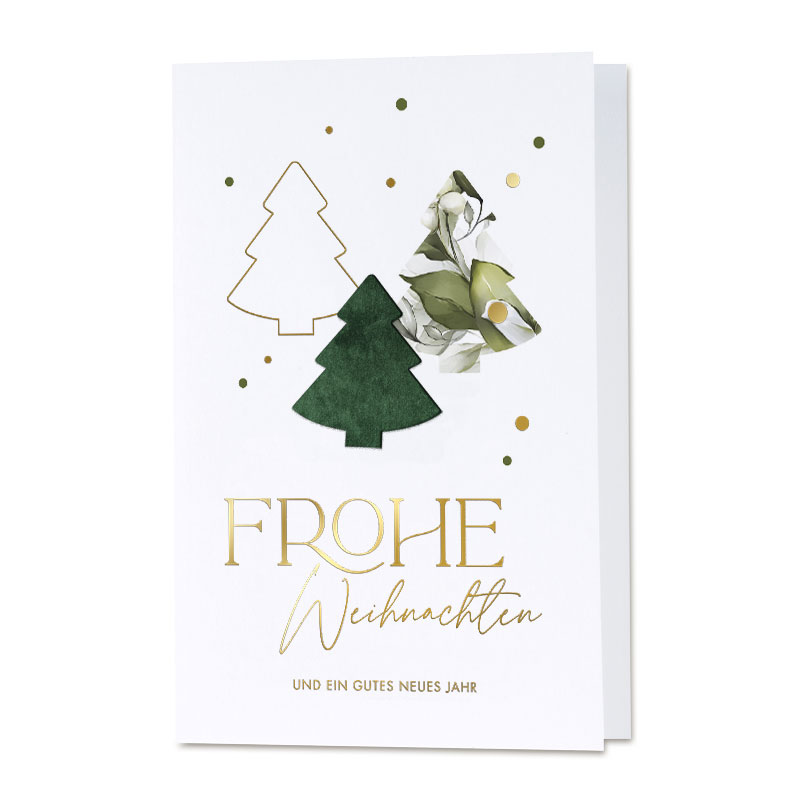 Weiße Weihnachtskarte mit grünem Baum aus Filz und foliengeprägten Weihnachtsgrüßen in gold