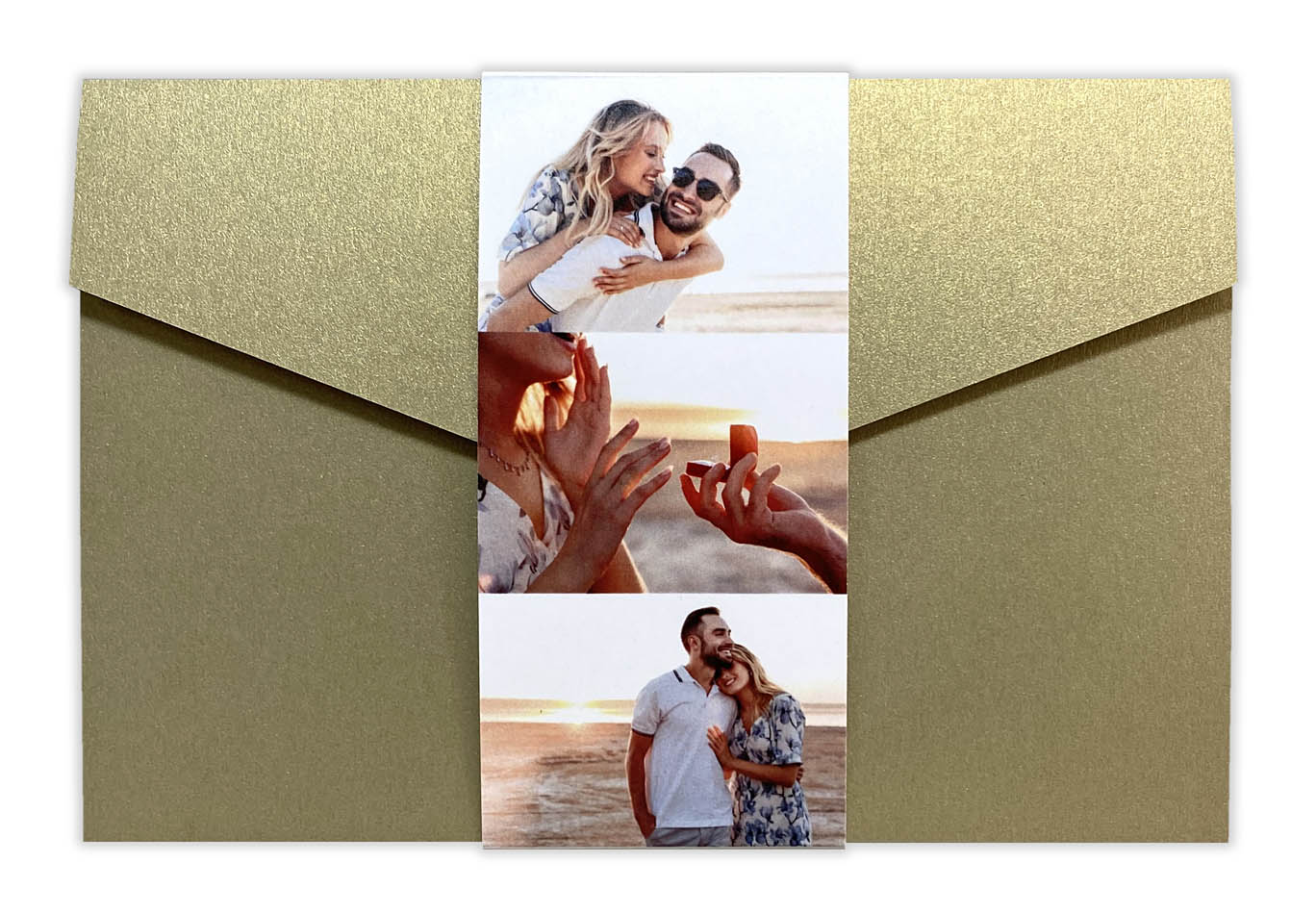 Pocketfold-Einladungskarte in gold Metallic mit eigenen Fotos und mehreren Einlegekarten innen