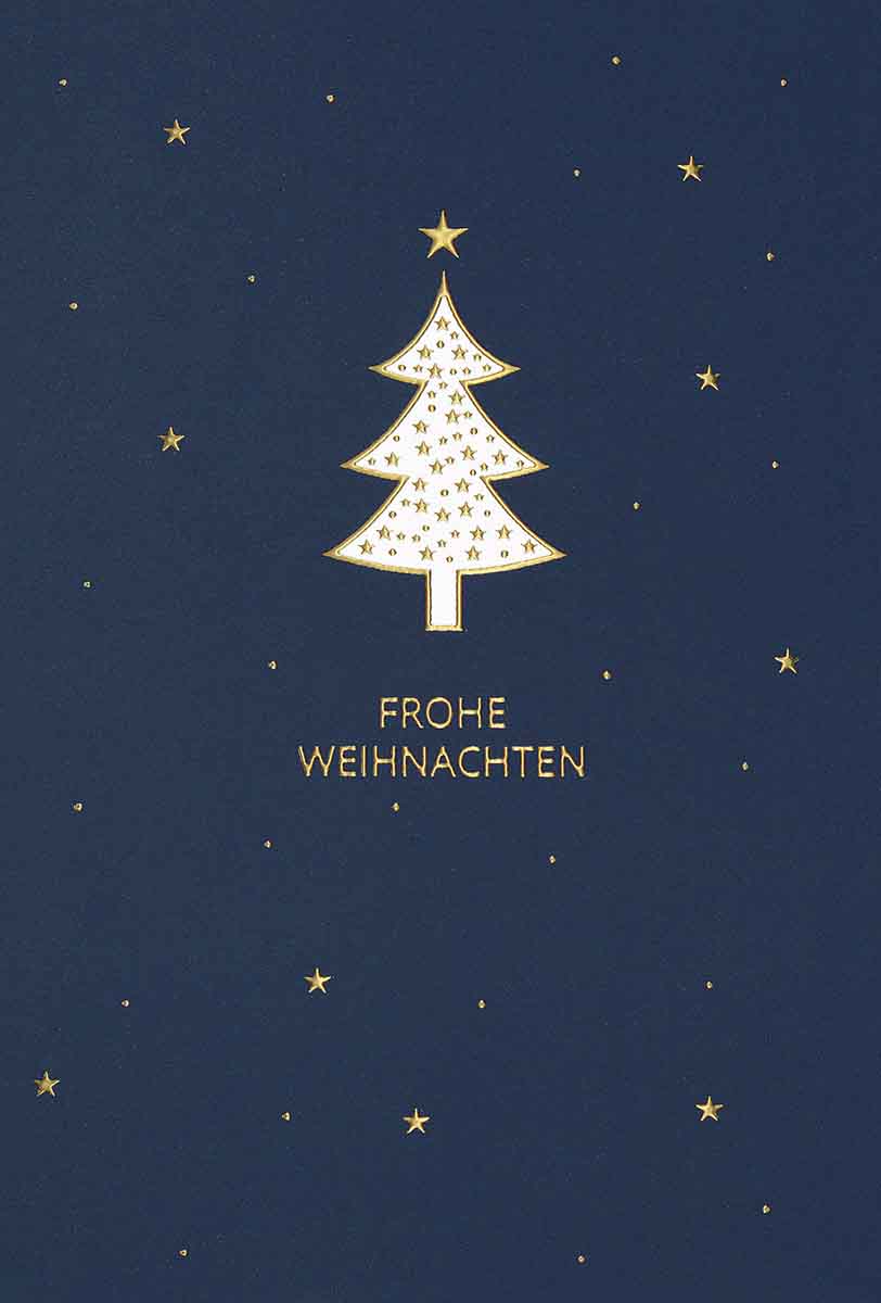 Blaue Weihnachtskarte mit Baum und goldenen Sternen sowie weißem Einlegeblatt innen