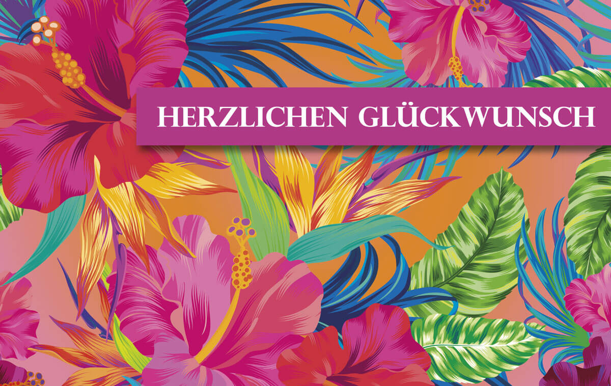 Farbenfrohe Glückwunschkarte "Aloha" mit Hibiskusblüten und Farnen in Hawai-Optik 