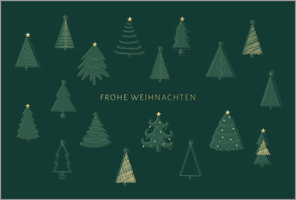 Dunkelgrüne Weihnachtskarte mit goldener Folienprägung "Frohe Weihnachten" und Bäumen