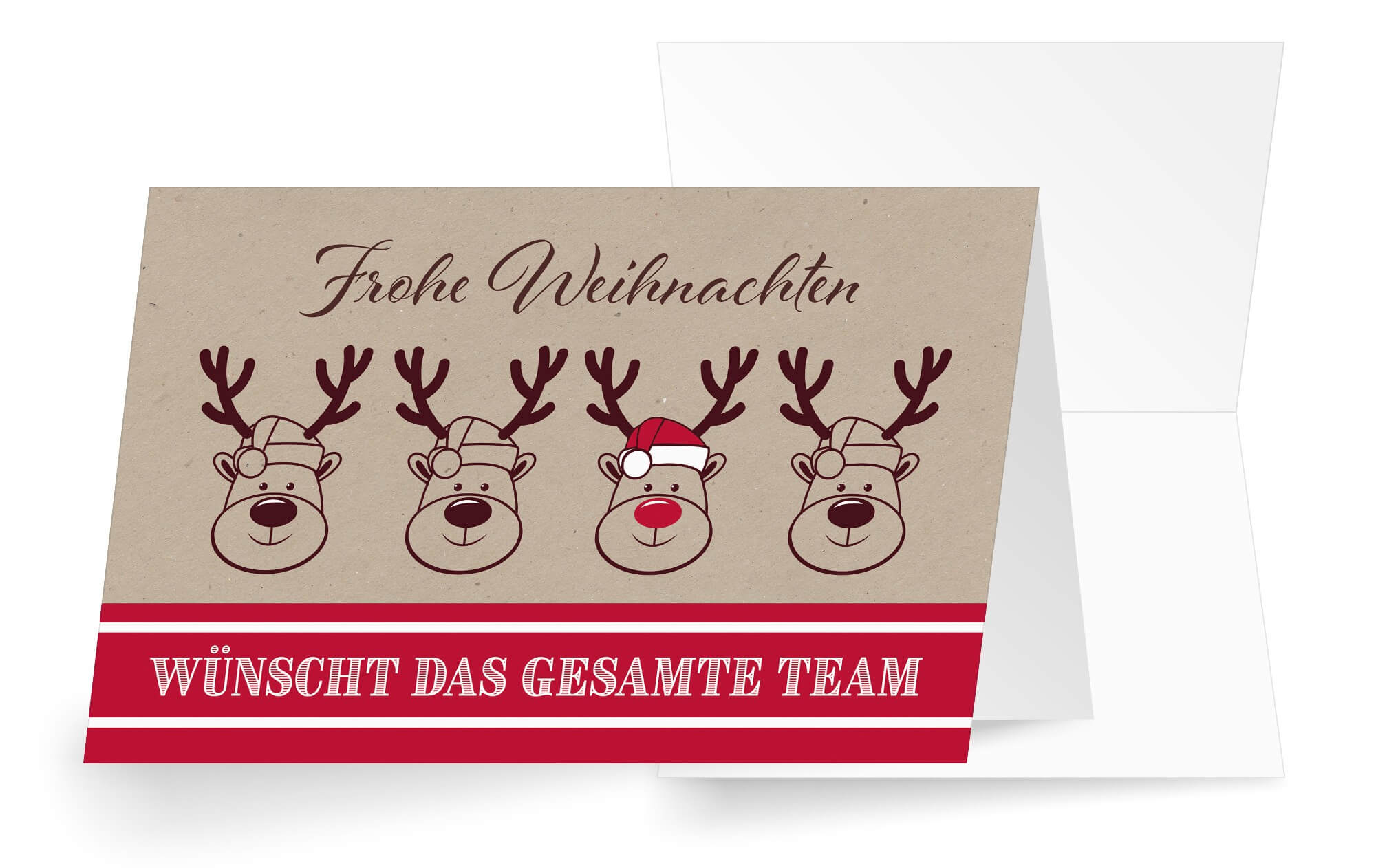 Fröhliche Team-Spendenkarte mit Rentierköpfen und Weihnachtsmütze in braun und rot