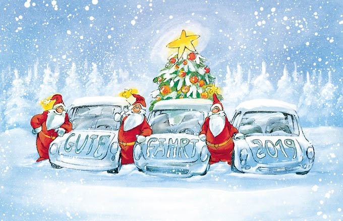 Weihnachtskarte mit drei eingeschneiten Autos und Slogan "Gute Fahrt 2019"