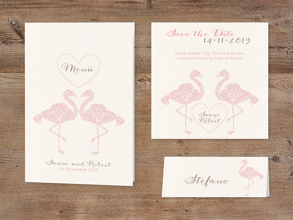 Set aus Menü-, Tisch- und Save-the-Date Karte mit rosa Flamingos