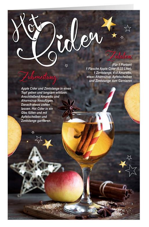 Rezept-Weihnachtskarte mit Zutatenliste und Zubereitung für Cider - Apfelschaumwein