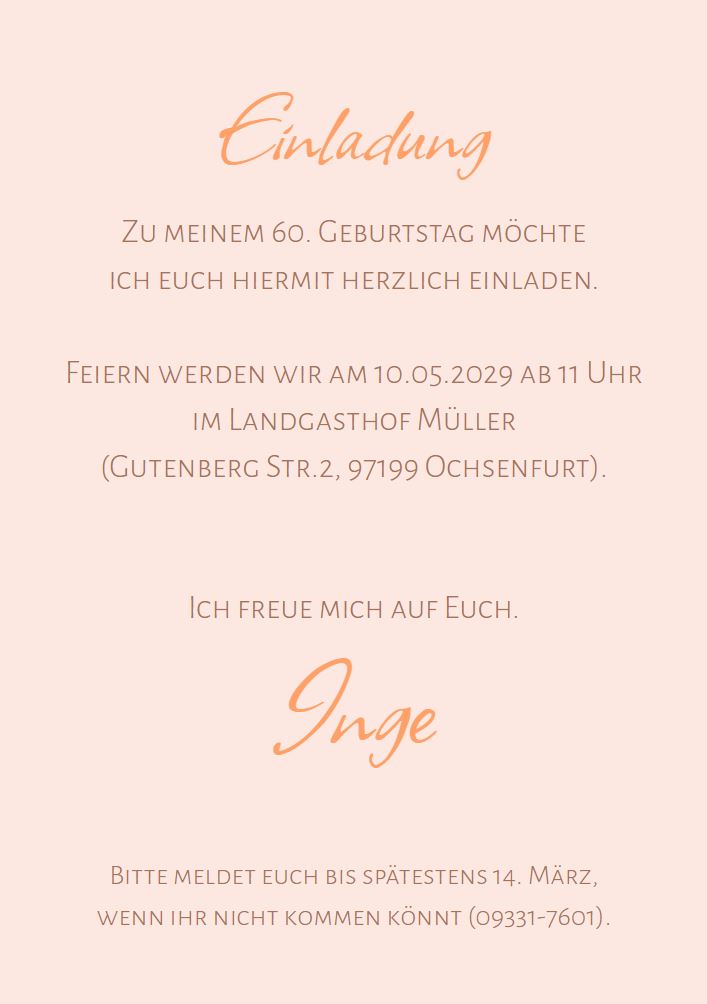 Mustertext Einladungskarte zum 60. Geburtstag, mit eigenem Foto