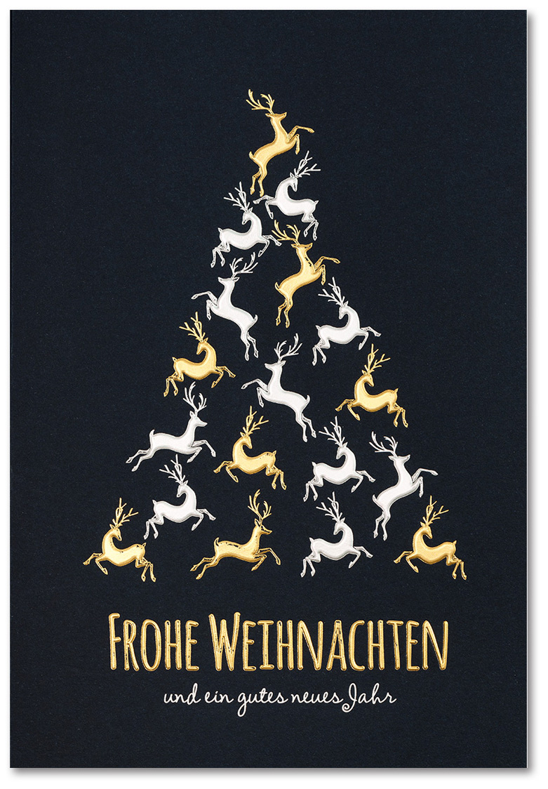 Schwarze Spenden-Weihnachtskarte mit Rentieren in Form eines Weihnachtsbaumes