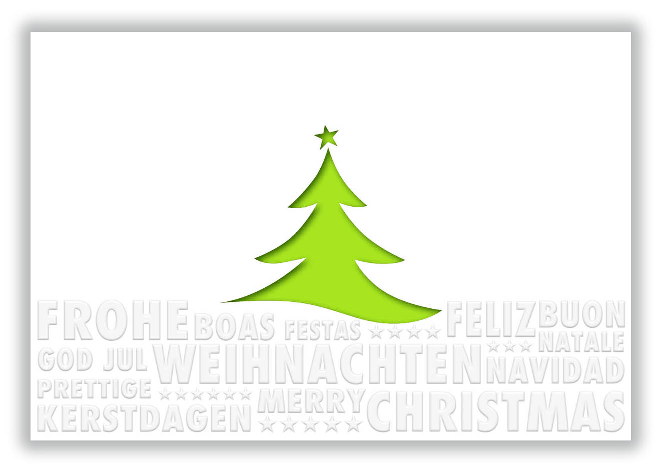 Mehrsprachige, cremeweiße Weihnachtskarte mit internationaler Relief-Blindprägung, Baumstanzung und grünem Einlegebalatt