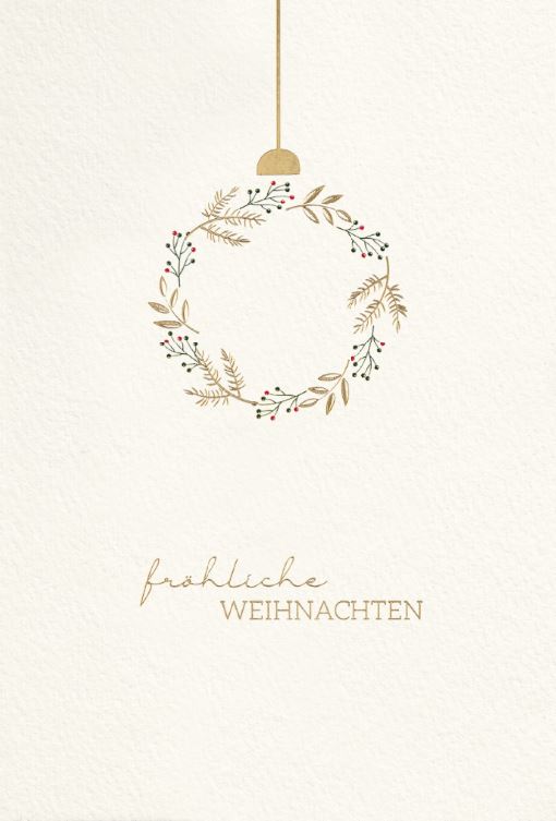 Cremeweiße Weihnachtskarte mit floraler Baumkugel und Gruß "Fröhliche Weihnachten" in gold