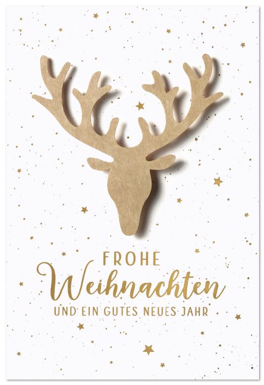 Weiße Weihnachtskarte mit naturbrauner Hirschkopf-Applikation, Weihnachtsgruß und Sternen