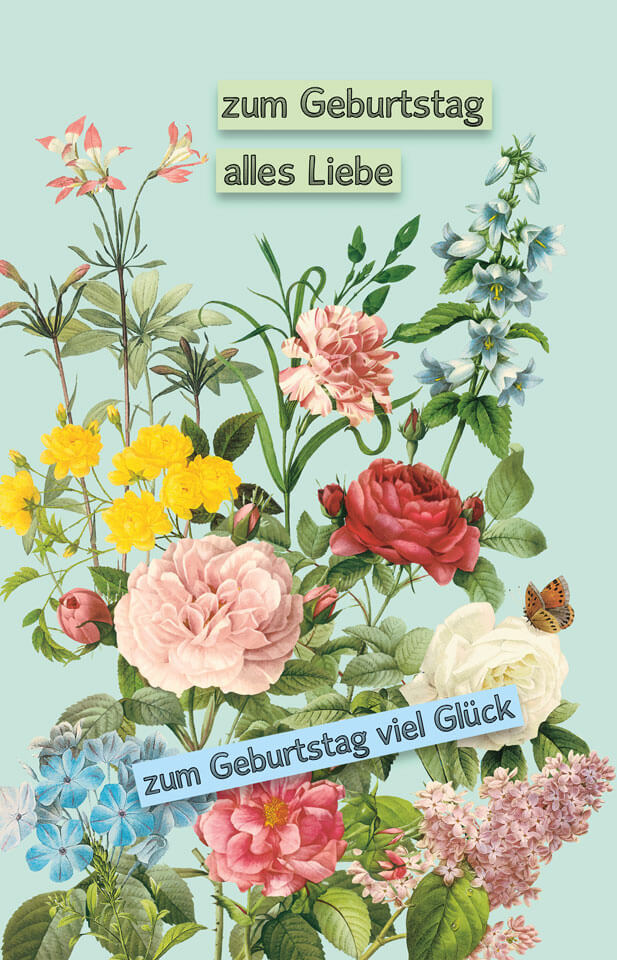 Vintage-Geburtstagsglückwunschkarte mit einem Strauß bunter Blumen und Glückwünschen