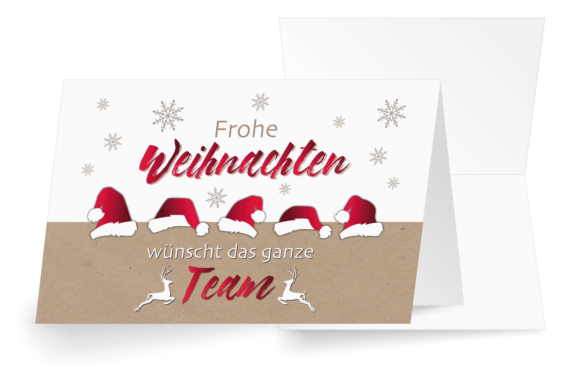Lustige Team-Spendenkarte mit roten Weihnachtsmützen, Hirschen und Eiskristallen