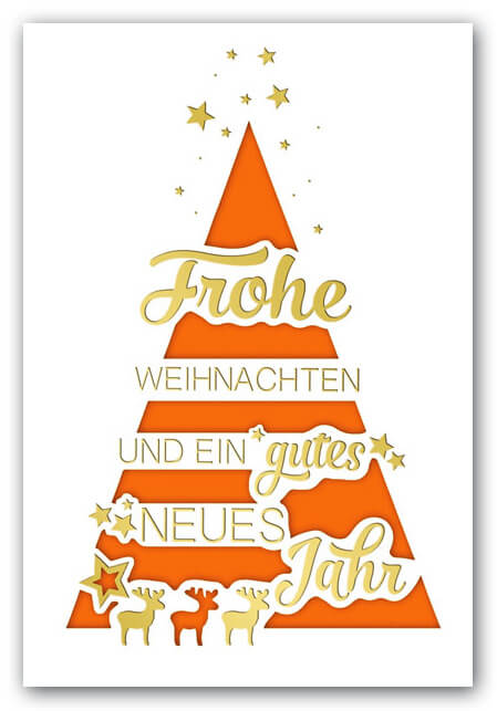 Weihnachtskarte in weiß mit orangefarbenem Falteinleger und Goldfolienprägung