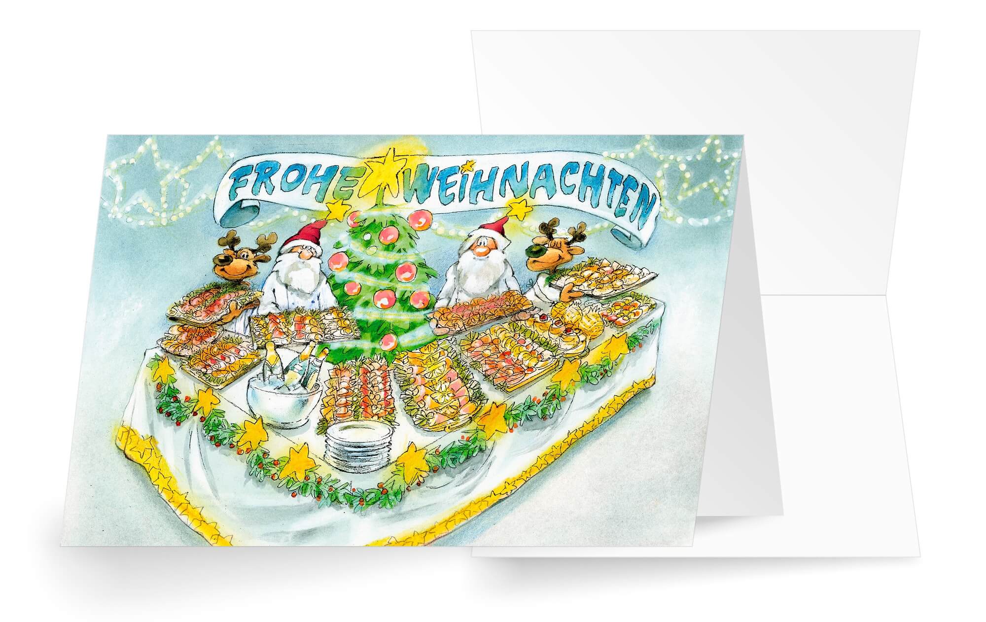 Humorvolle Weihnachtskarte für Catering, Party- und Eventservice und Buffet-Lieferant