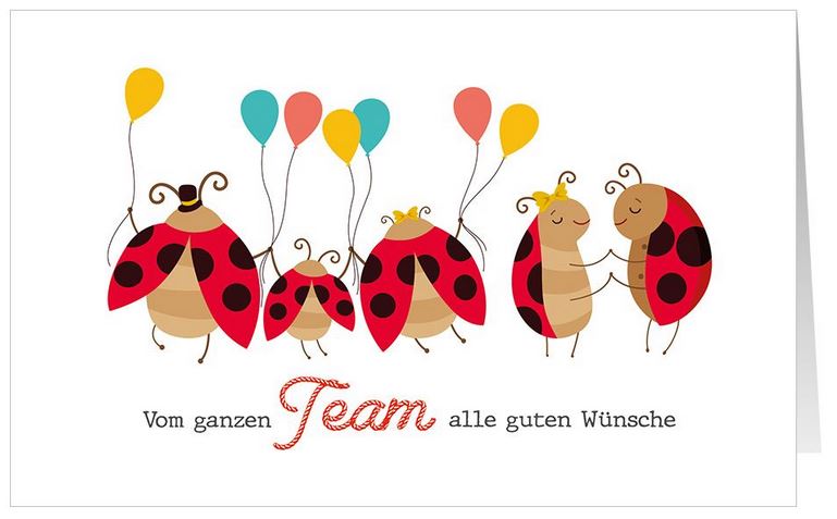 Fröhliche Firmenglückwunschkarte mit Marienkäfern, bunten Luftballons und Grüßen vom ganzen Team