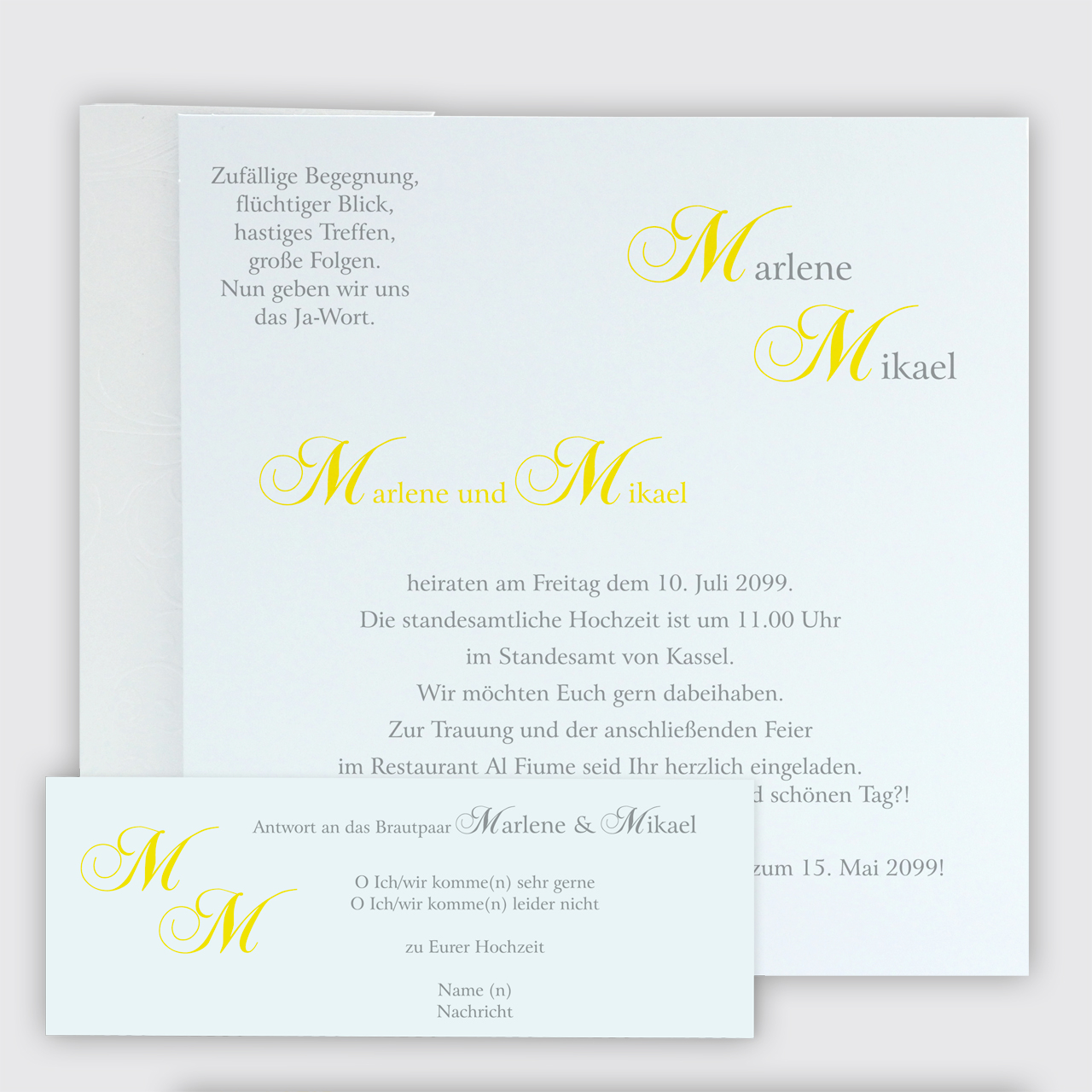 Weiße Pockettasche - Hochzeitskarte, Einlegeblatt mit Mustertext in gelb / grau