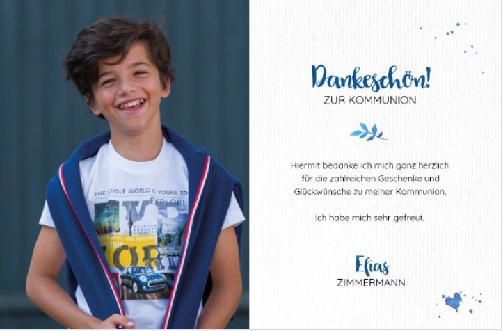 Rückseitendruck von Danksagungskarte nach der Kommunion mit eigenem Foto und Mustertext "Danke"