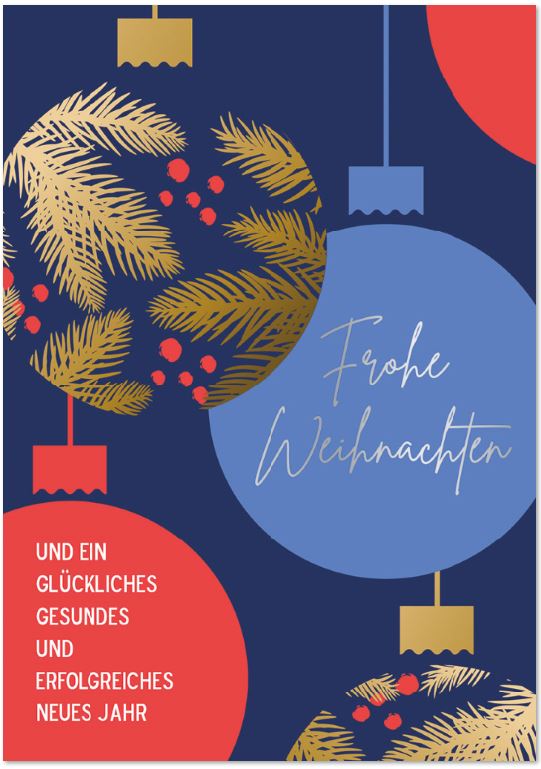 Firmen-Spendenweihnachtskarte mit hängenden Baumkugeln zugunsten Deutsche Kinderkrebs-Stiftung