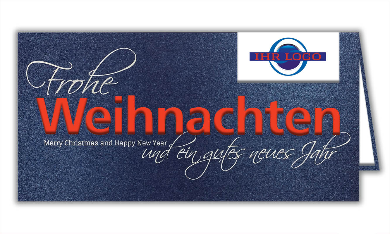 Dunkelblaue Weihnachtskarte mit Firmen-Logo Stanzung, weißem Schriftzug und rot-/weißem Einlegeblatt