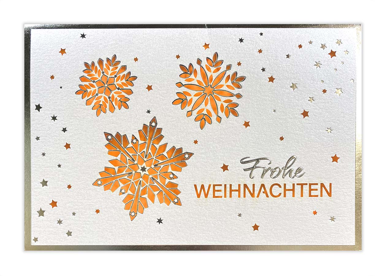 Weiße Laser-Weihnachtskarte mit Sternen, Silberprägung und Einleger in orange