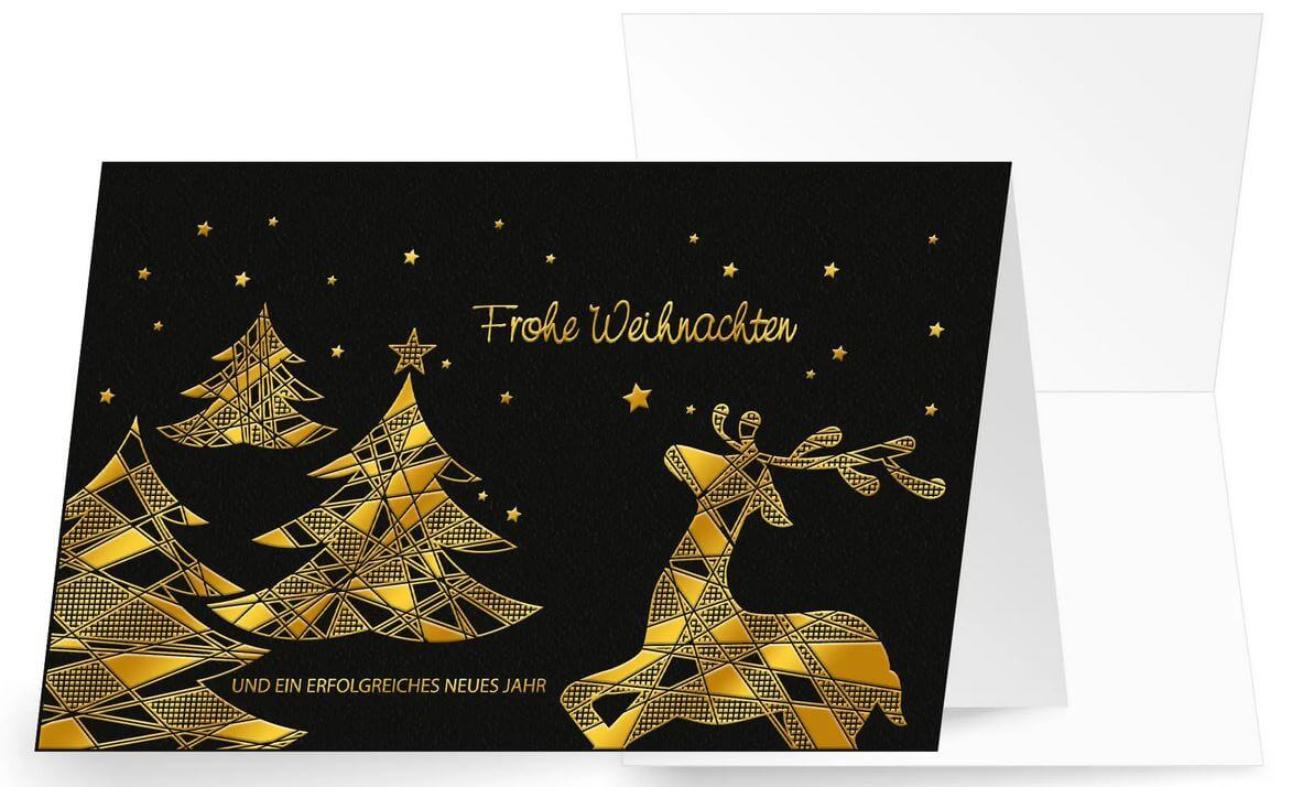 Schwarze Firmen-Weihnachtskarte mit Goldfolienprägung und geschäftlichen Grüßen