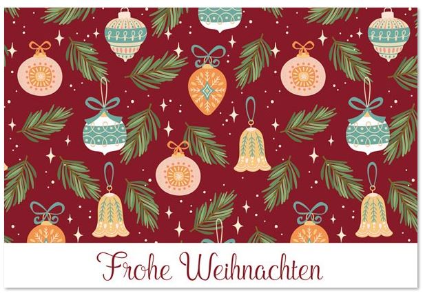 Klassische Weihnachtskarte mit ornamentverzierten Kugeln und grünen Tannenzweigen