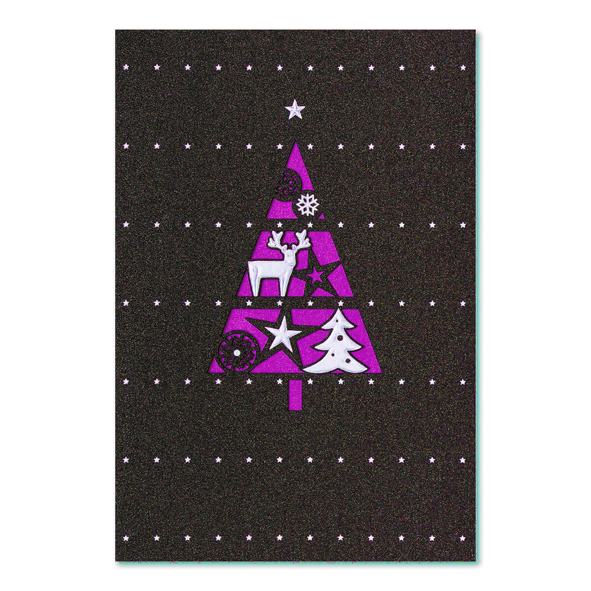 Weihnachtskarte anthrazit metallic mit Weihnachtsbaum und Einleger in magenta