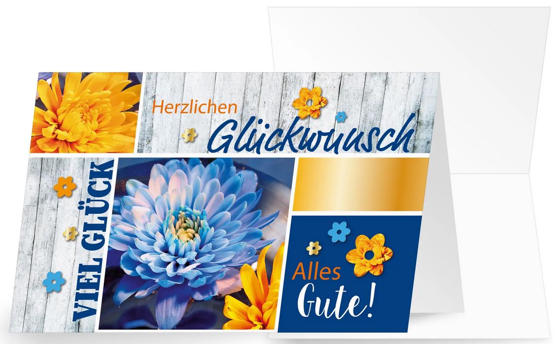 Spenden-Glückwunschkarte mit blauen und gelben Blumen auf Holzbohlen zugunsten Ärzte ohne Grenzen