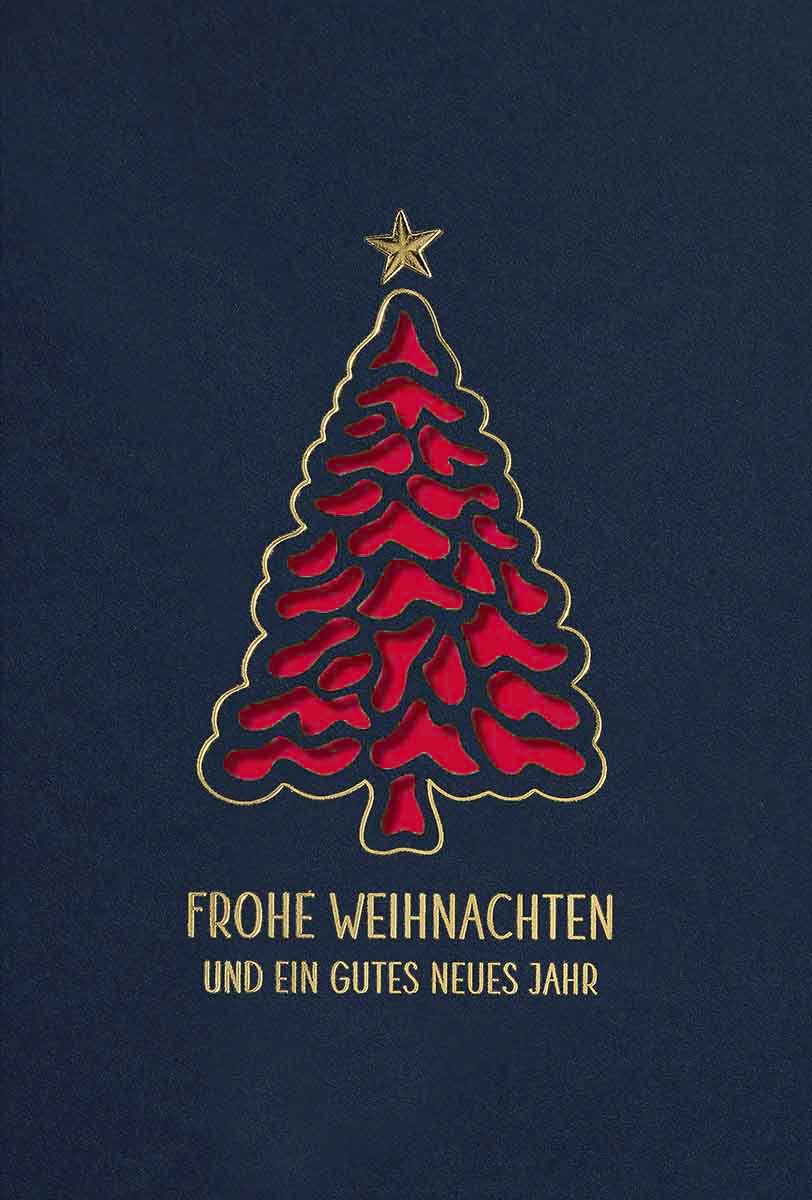 Blaue Weihnachtskarte mit rotem Einlegeblatt, Stanzung und eldler Goldfolienprägung