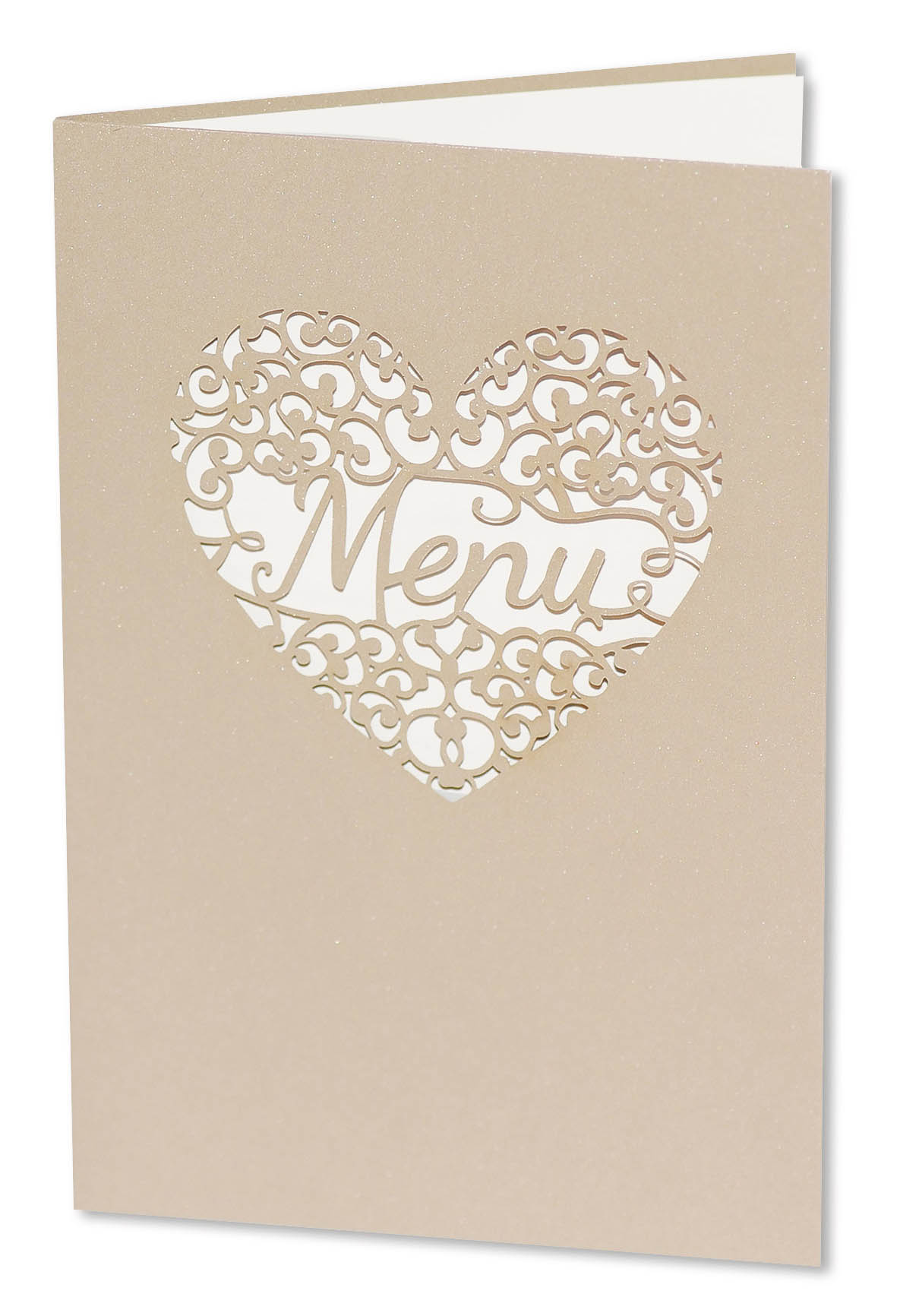 Menükarte mit filigranem Lasercut von Ornamentherz und "Menu"  in creme-metallic