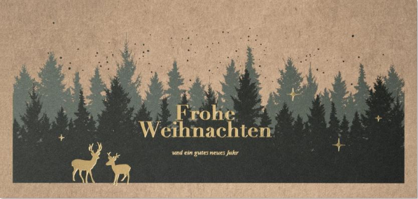 Weihnachtskarte im DIN lang Format aus Naturkarton mit Goldfolienprägung von Hirschen und Gruß