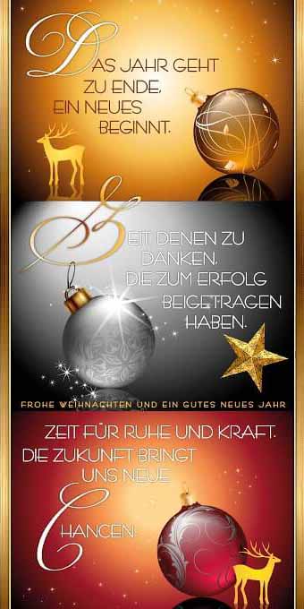 Geschäftliche Weihnachtskarte "Ruhe und Kraft" mit Firmenweihnachtsgrüßen und Kugeln - Vorderseite