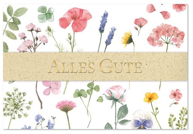 Glückwunschkarte mit Wiesenblumen, Rosen und Hortensien im Aquarellstil sowie "Alles Gute" in gold