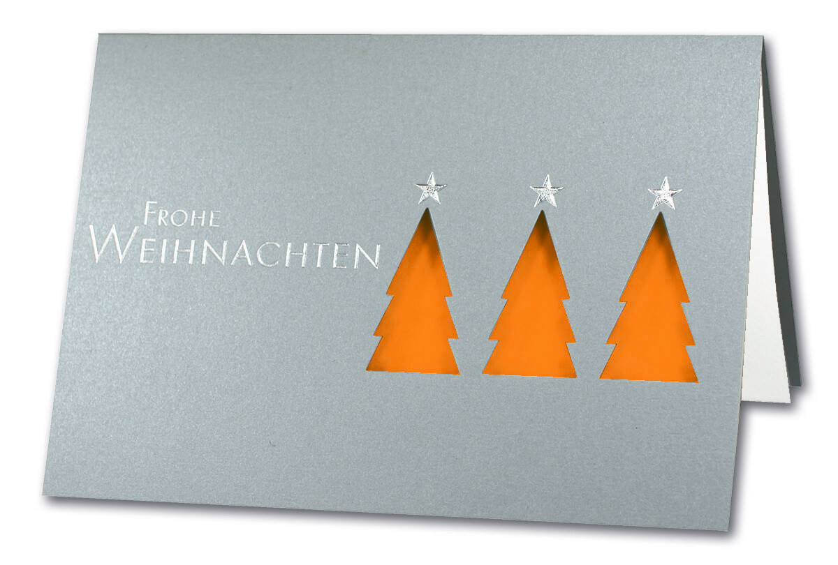 Weihnachtskarte silber mit Einleger orange mit Bäumen Spende Deutsche Kinderkrebsstiftung