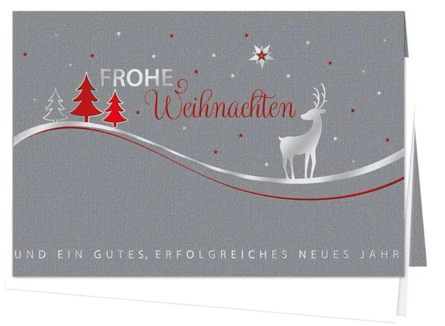 Graublaue Firmen-Weihnachtskarte mit Rot- und Silberfolienprägung inkl. Einlegeblatt in weiß