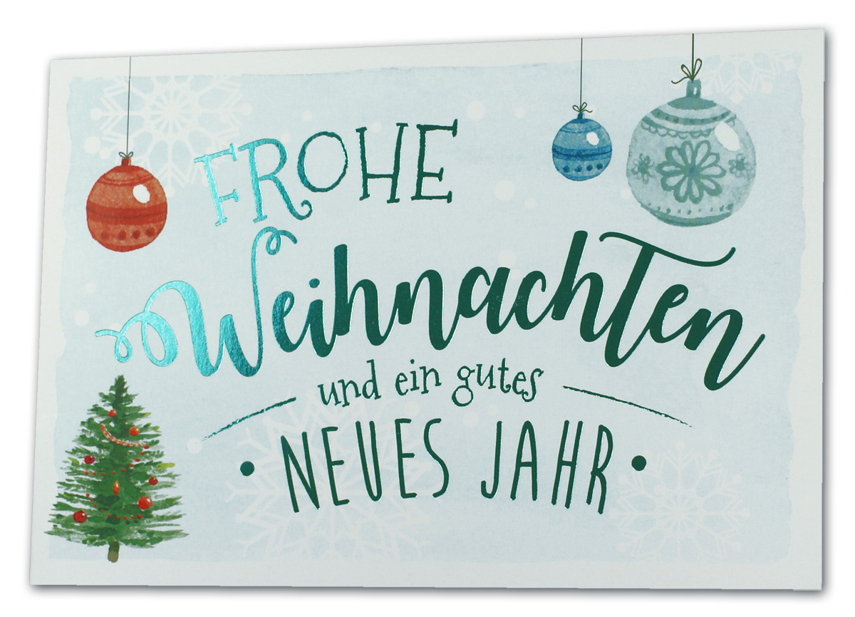 Weihnachtskarte mit blauer Folienprägung, Christbaum und Weihnachtskugeln