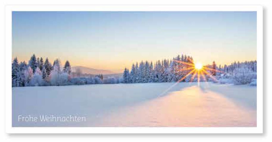 Winterlandschaft Weihnachtskarte im Panoramaformat - Motiv verschneiter Wald mit Sonnenuntergang