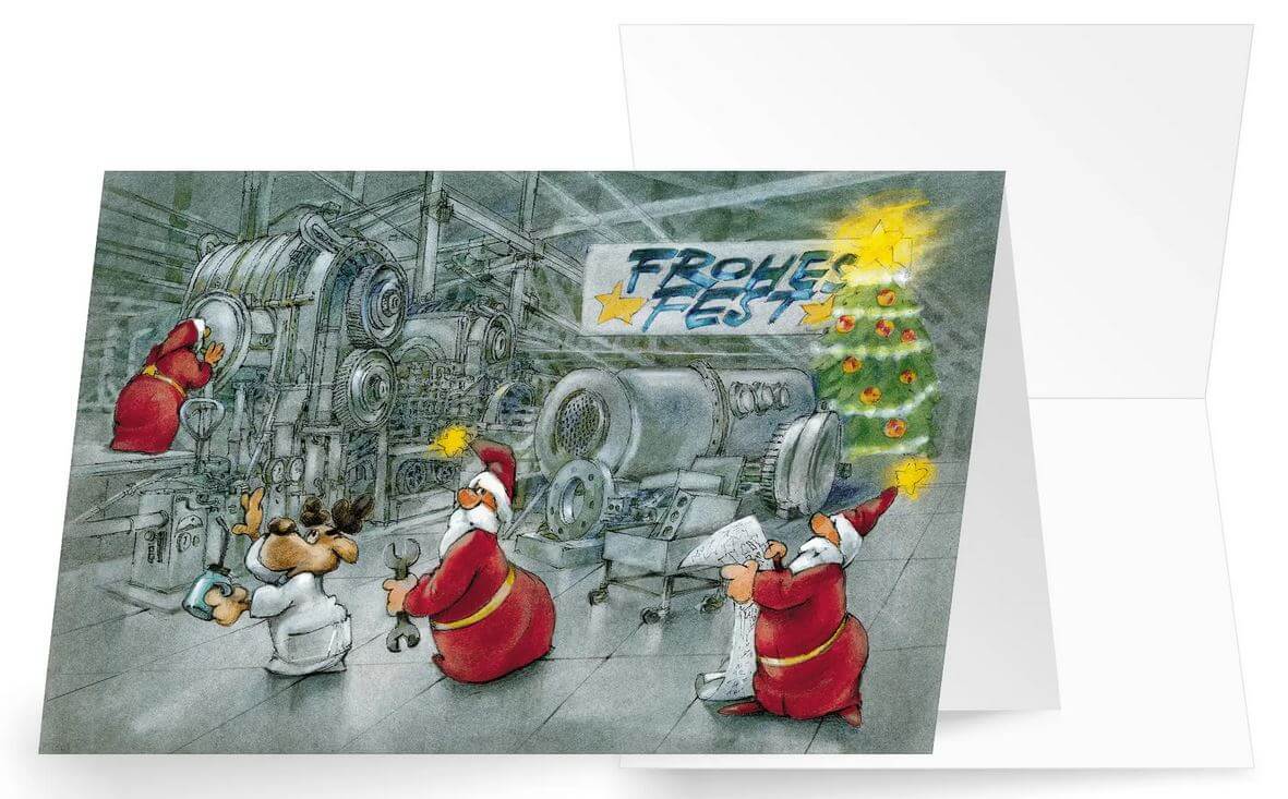 Witzige Branchen-Weihnachtskarte mit "Frohes Fest" für Maschinenbau, Metallbau