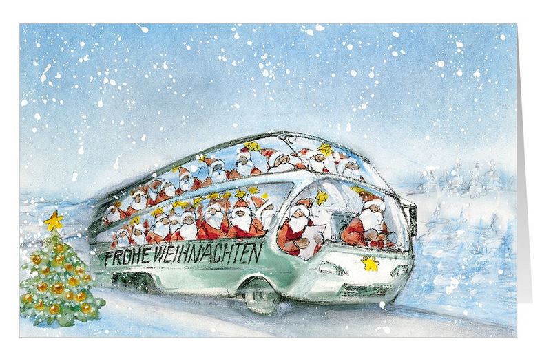 Lustige Weihnachtskarte mit Gruß "Frohe Weihnachten" und vielen Weihnachtsmännern im Doppeldeckerbus