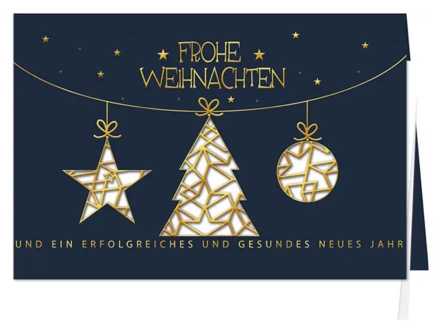 Firmen-Weihnachtskarte "Goldenes Fest" in blau mit Goldfolienprägung und Laserstanzung