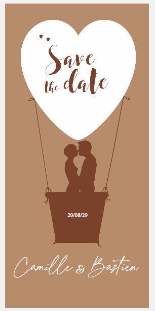 Save the Date Karte im romantischem Design mit Paar in Heißluftballon