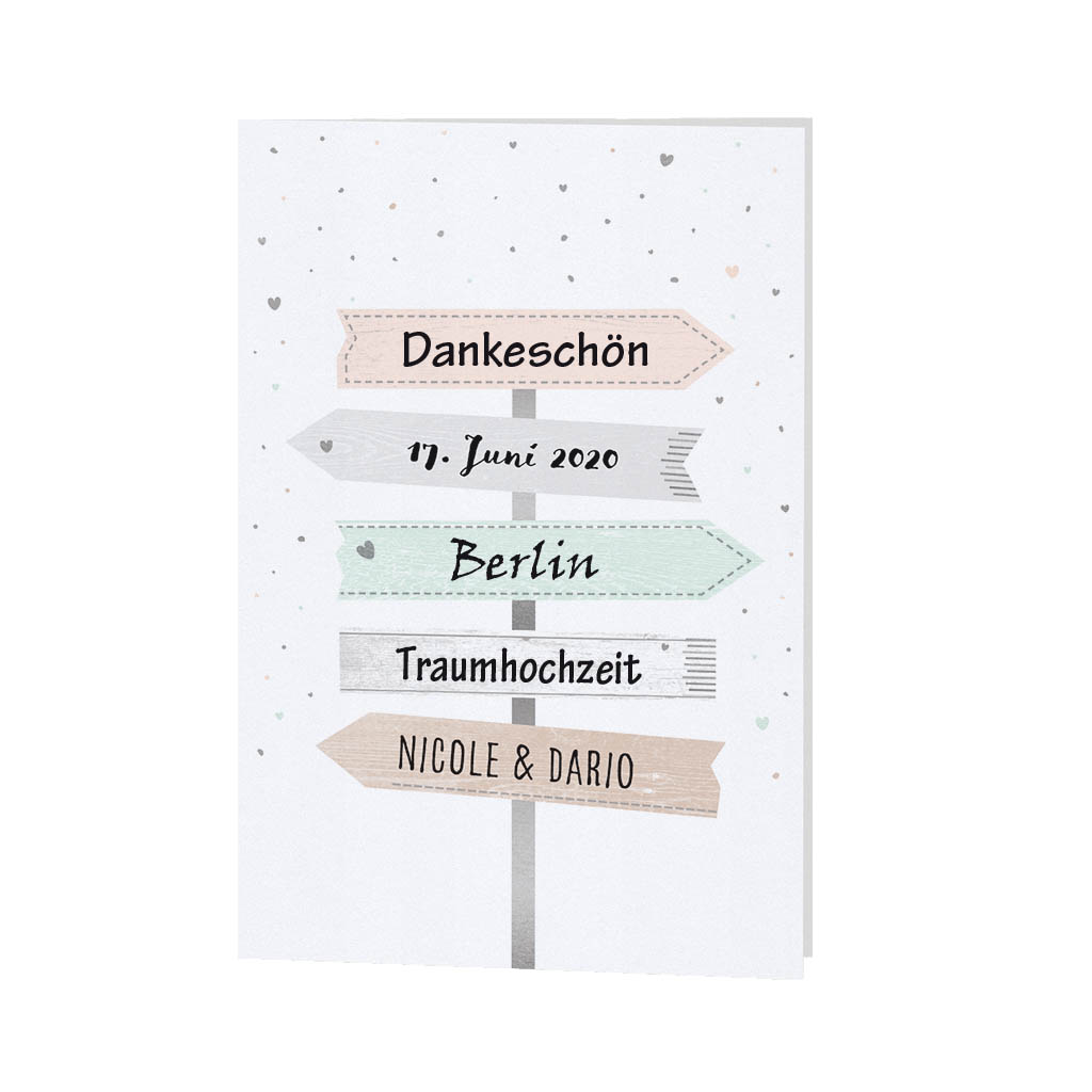 Dankkarte mit Wegweisern als Schilderbaum auf weißem Metallic-Karton mit Mustertext Aufdruck