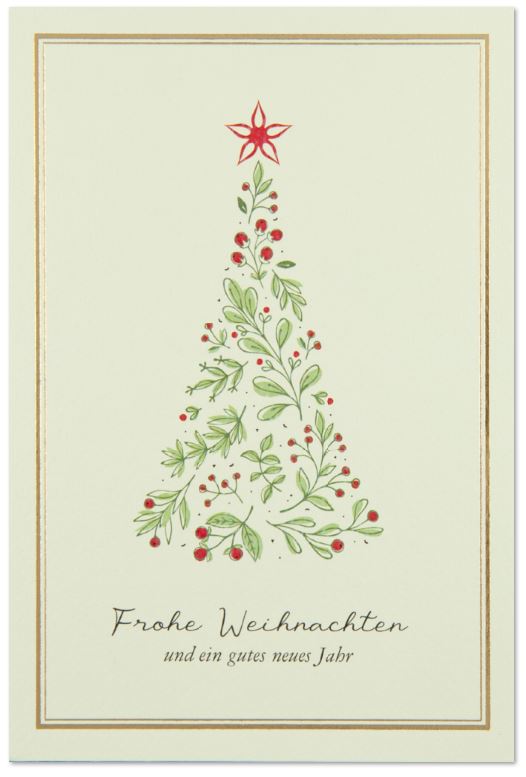 Beigefarbene Weihnachtskarte mit goldenem Rahmen, floralem Baum und Weihnachtsgruß