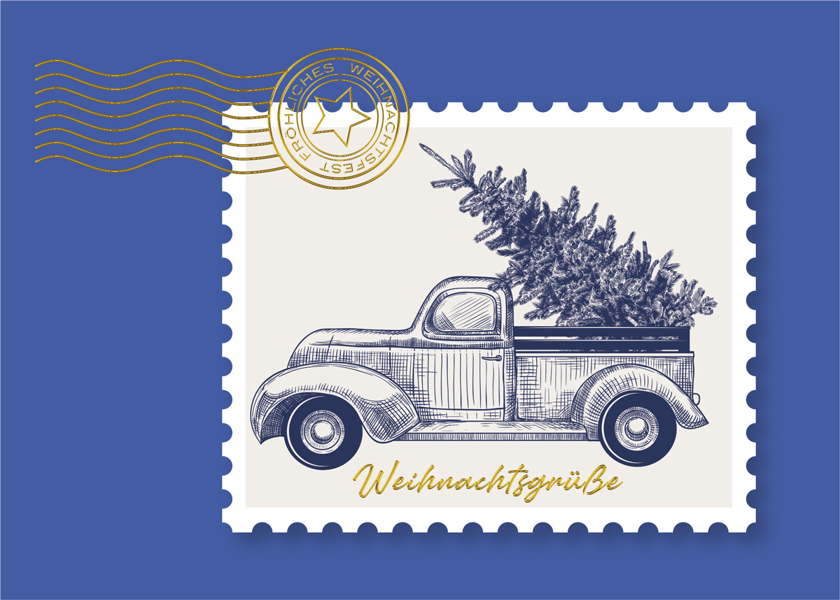 Originelle Weihnachtskarte mit Briefmarke und Wellenstempel, inkl. Goldfoliendruck und Einlegeblatt