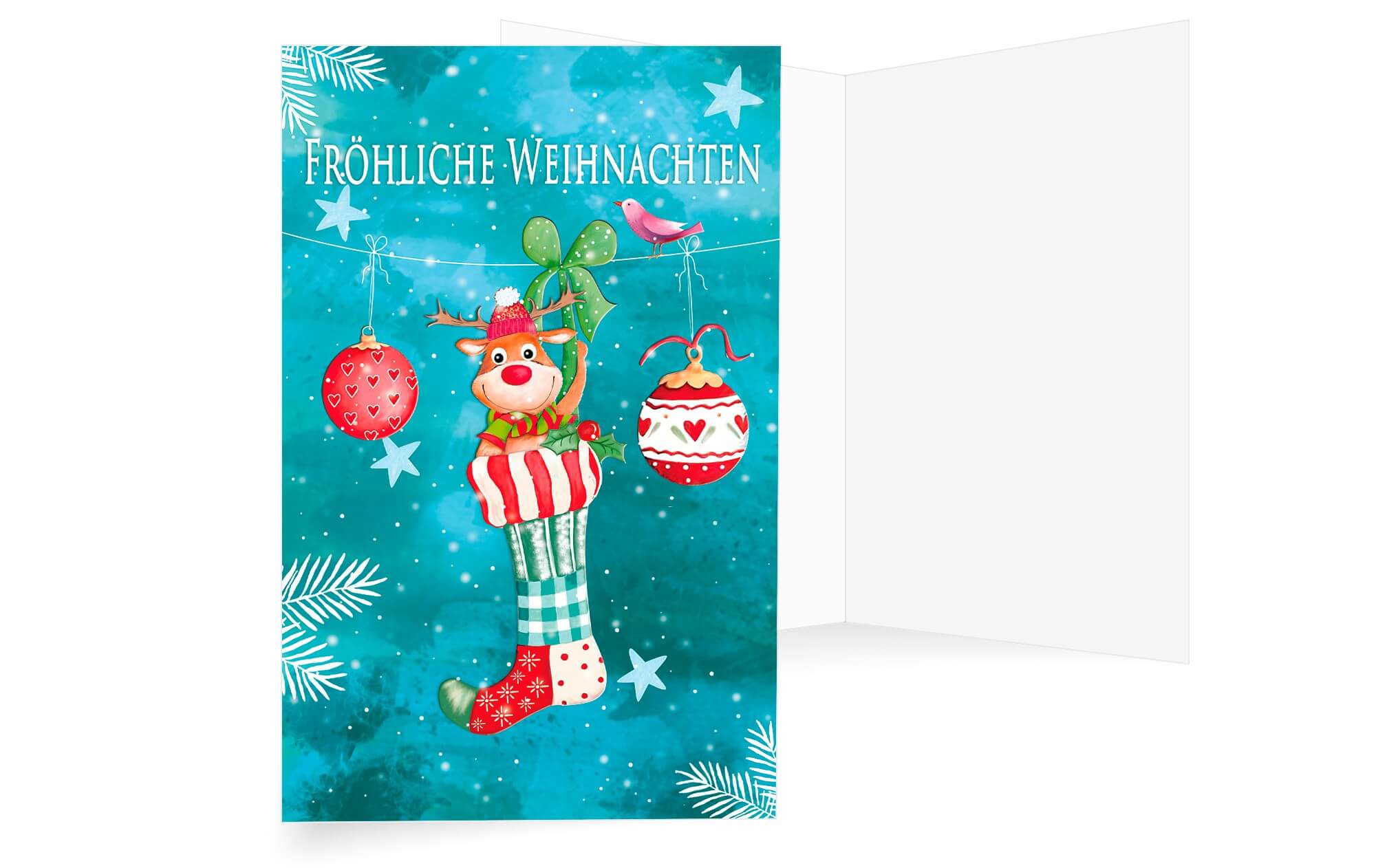 Farbenfrohe Weihnachtskarte mit Rentier im Weihnachtsstrumpf und "Frohe Weihnachten"