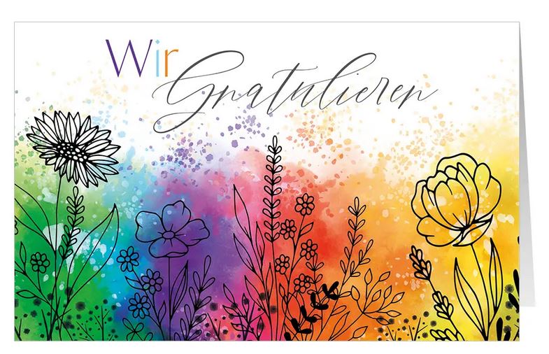 Moderne Glückwunschkarte mit den Worten "Wir gratulieren" und Pflanzen vor buntem Aquarelldruck