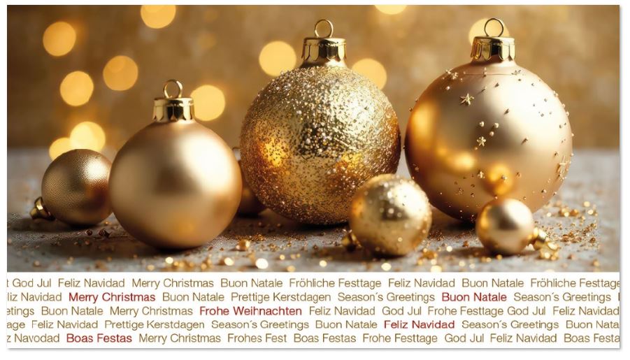 Internationale Weihnachtskarte im Kompaktformat mit goldenen Kugeln und funkelnden Lichtern