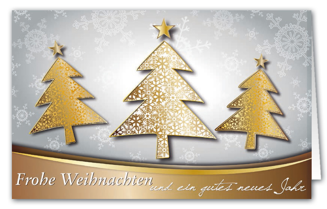 Äerzte-ohne-Grenzen-e.V. Weihnachtskarte in gold mit Tannenbäumen und Weihnachtsgruß