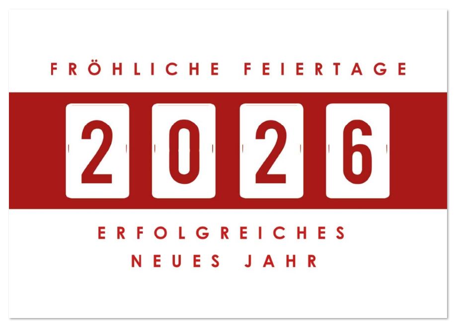 Weihnachtskarte mit Neujahrsgruß, Jahreszahl 2026 und Gruß "Fröhliche Feiertage" in rot und weiß