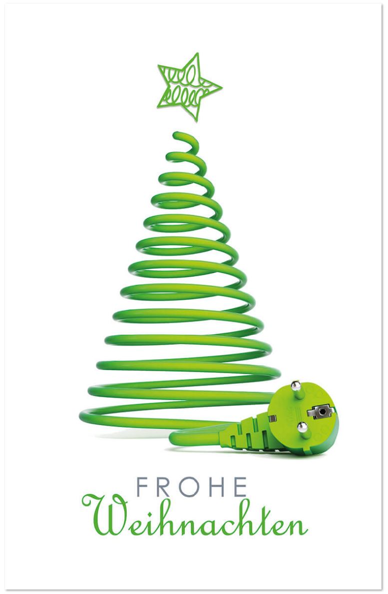 Weiße Weihnachtskarte mit grünem Kabel als Baum und Stern sowie "Frohe Weihnachten"